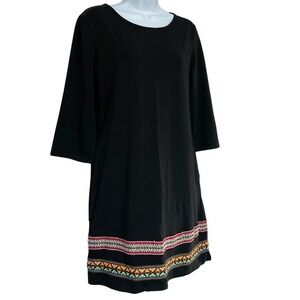 Thanth Pullover Dress Womens Size M Black Embroidered Knit 3/4 Sleeve Minimalist